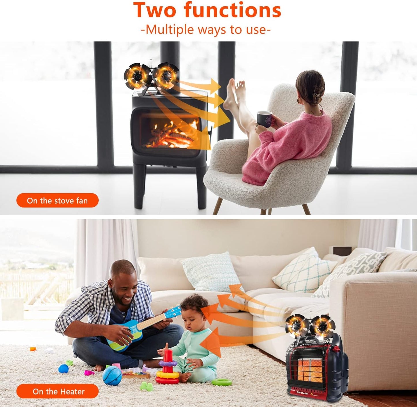 12-Blade Dual-Motor Heat-Powered Wood Stove Fan