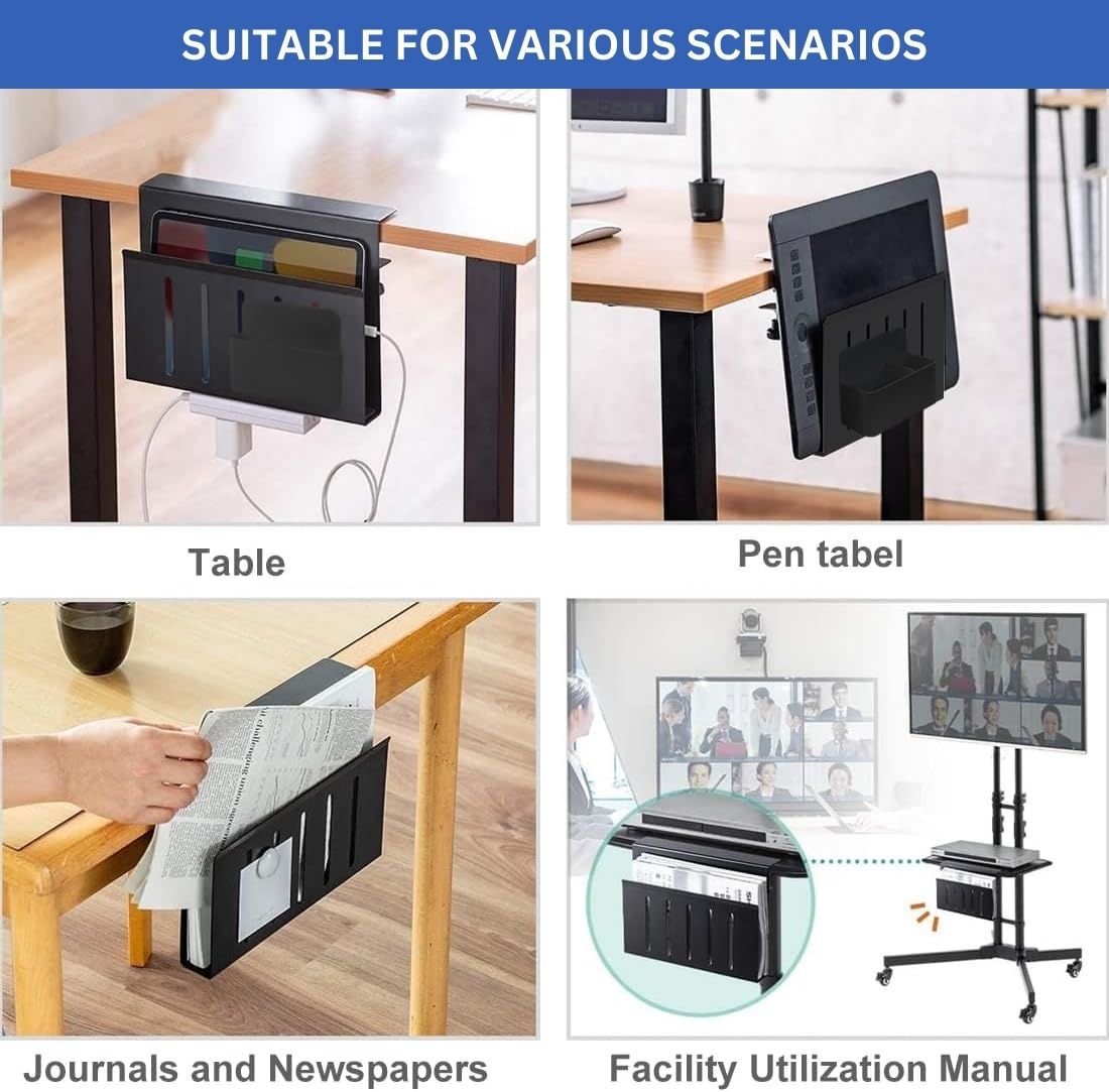 CARLA HOME Under Desk Side Laptop Holder Storage with No Drill Cable Management Tray and Pen Storage for Office and Home