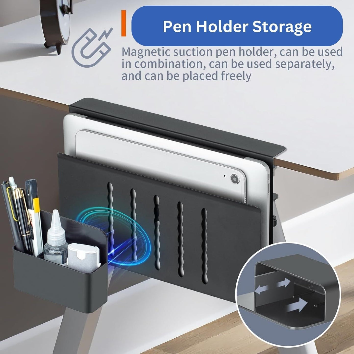 CARLA HOME Under Desk Side Laptop Holder Storage with No Drill Cable Management Tray and Pen Storage for Office and Home