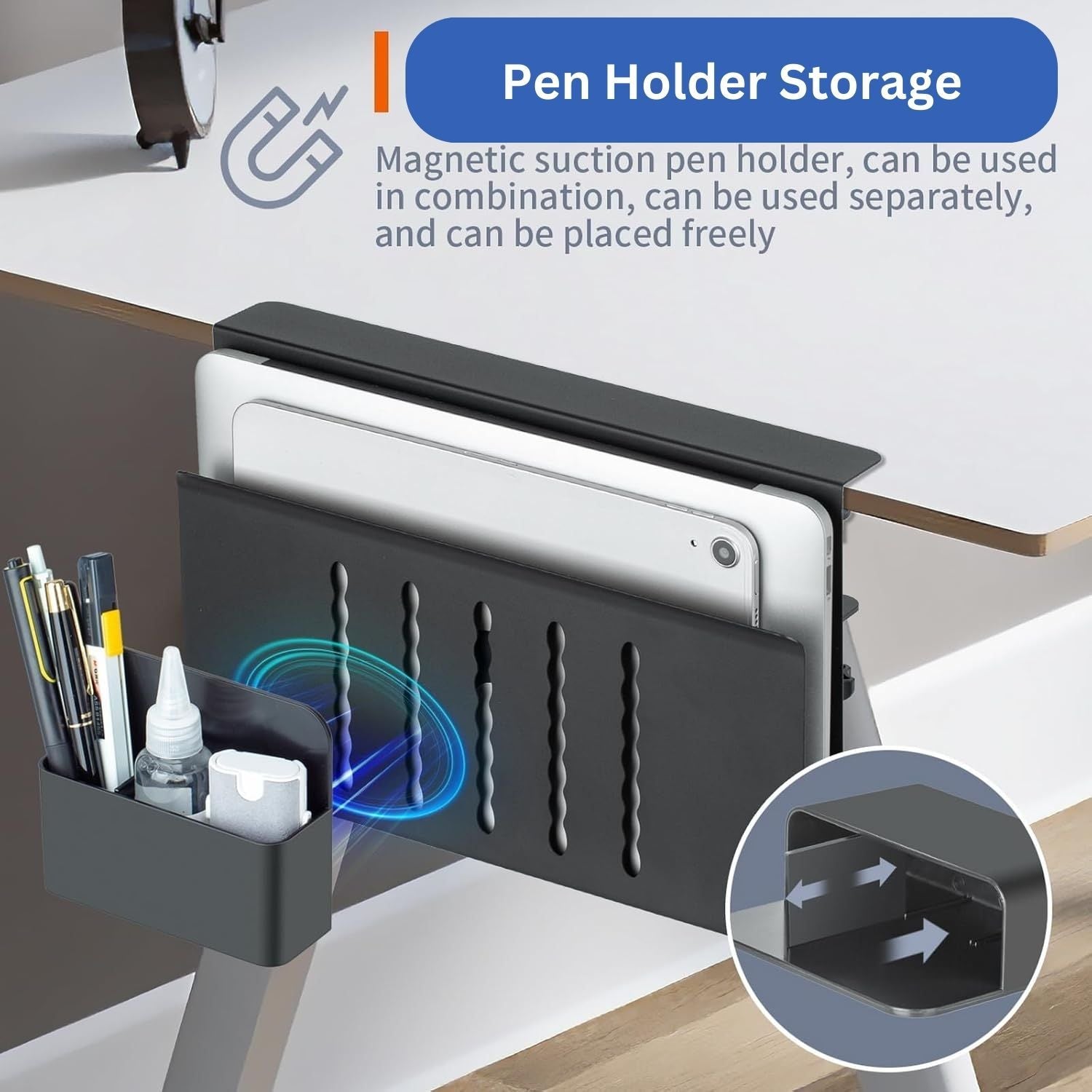 CARLA HOME Under Desk Side Laptop Holder Storage with No Drill Cable Management Tray and Pen Storage for Office and Home