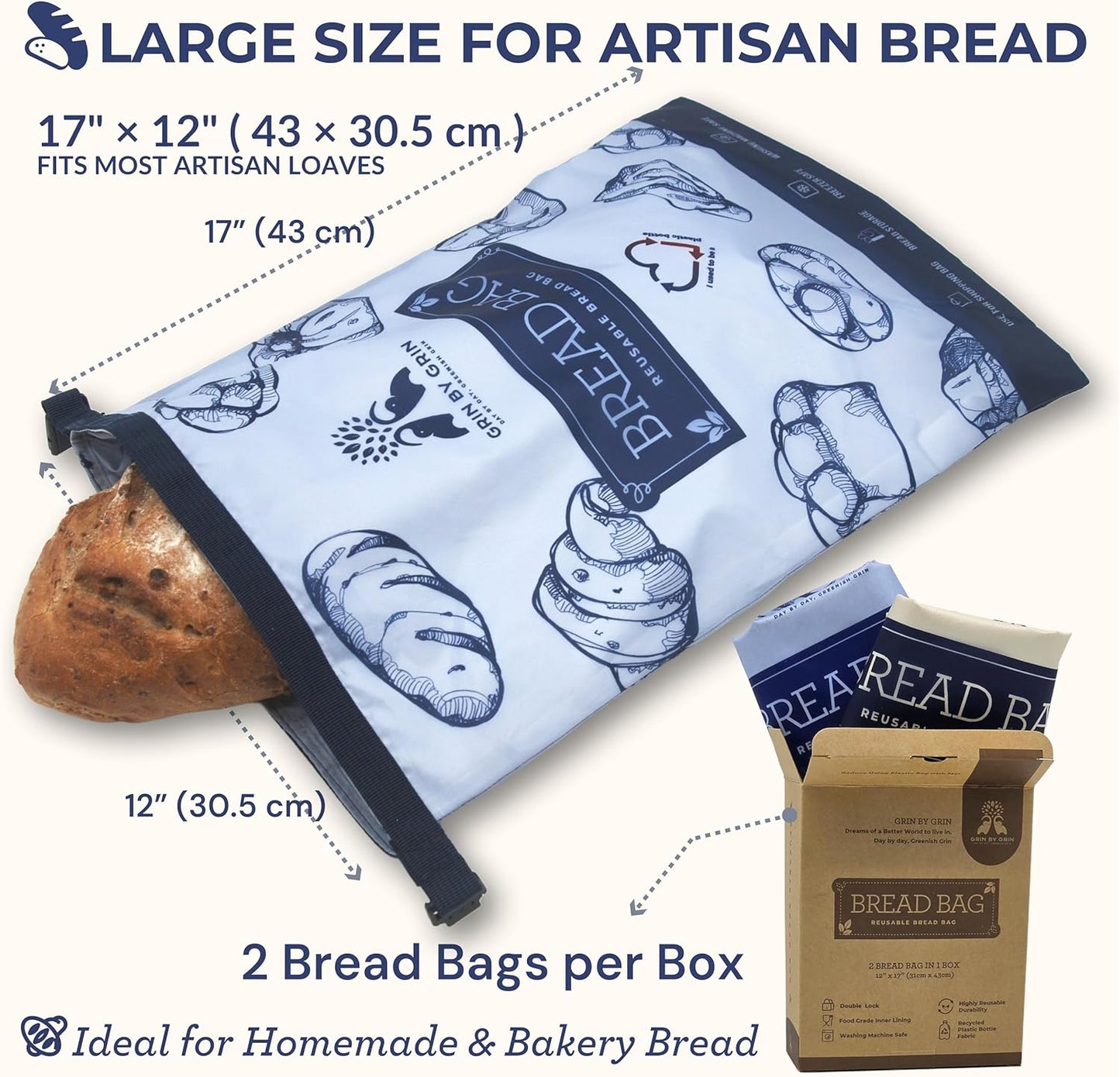 2-Pack Reusable Zipper Bread Bags for Homemade Loaf & Freezer Storage