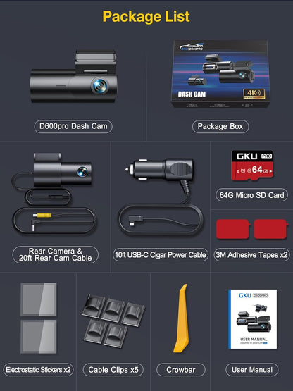 4K Dual Dash Cam with GPS & Wi-Fi