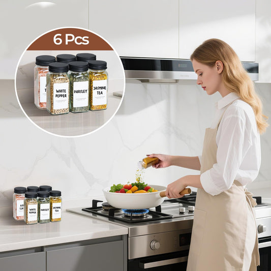 6-Piece Square Glass Spice Jar Set with Lids & Labels