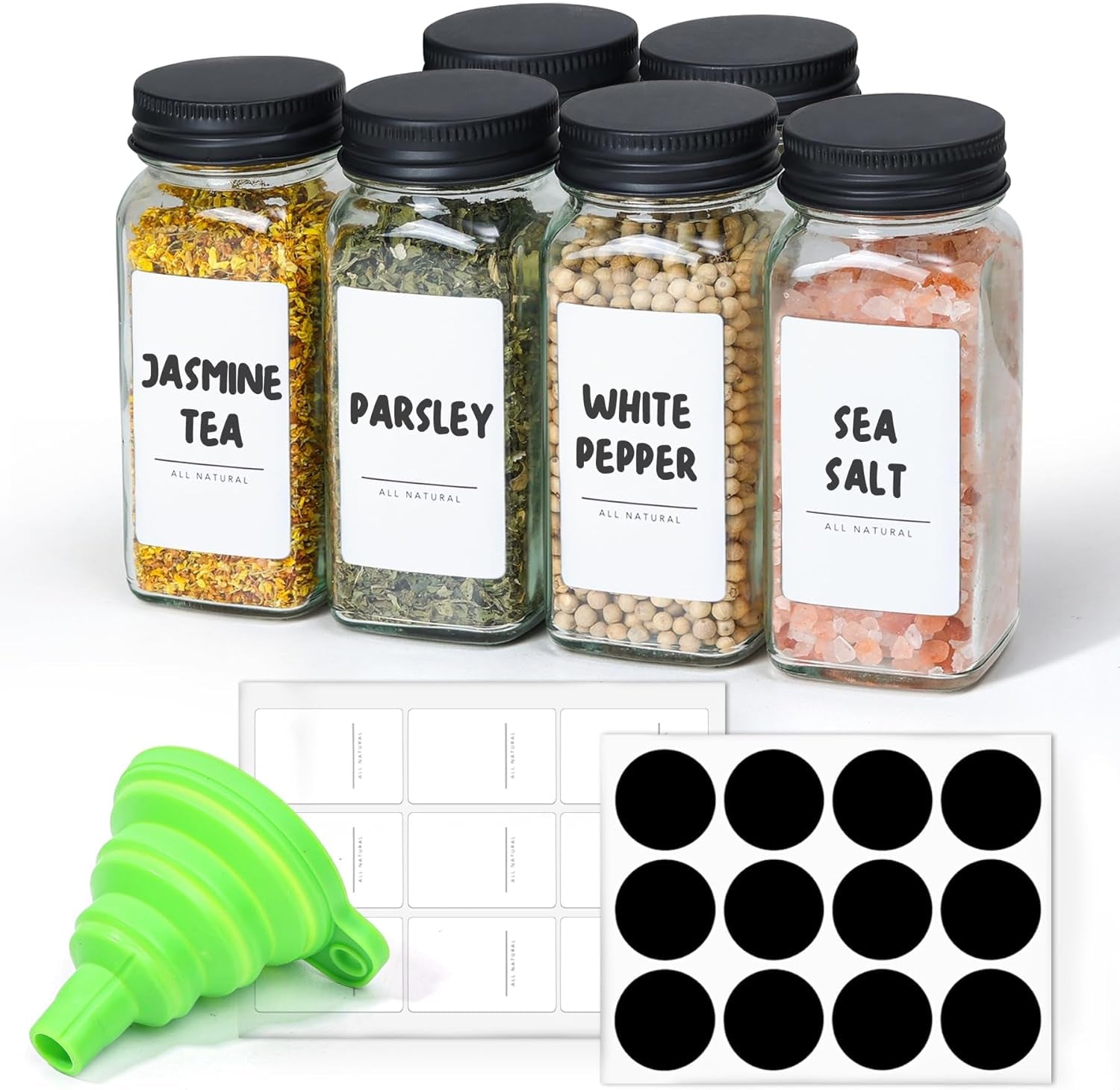 6-Piece Square Glass Spice Jar Set with Lids & Labels