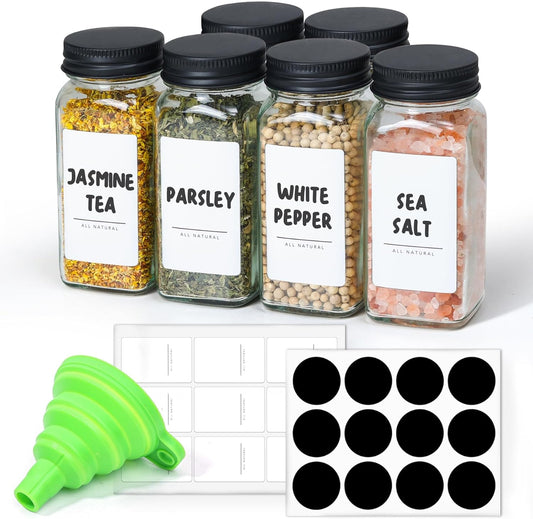 6-Piece Square Glass Spice Jar Set with Lids & Labels