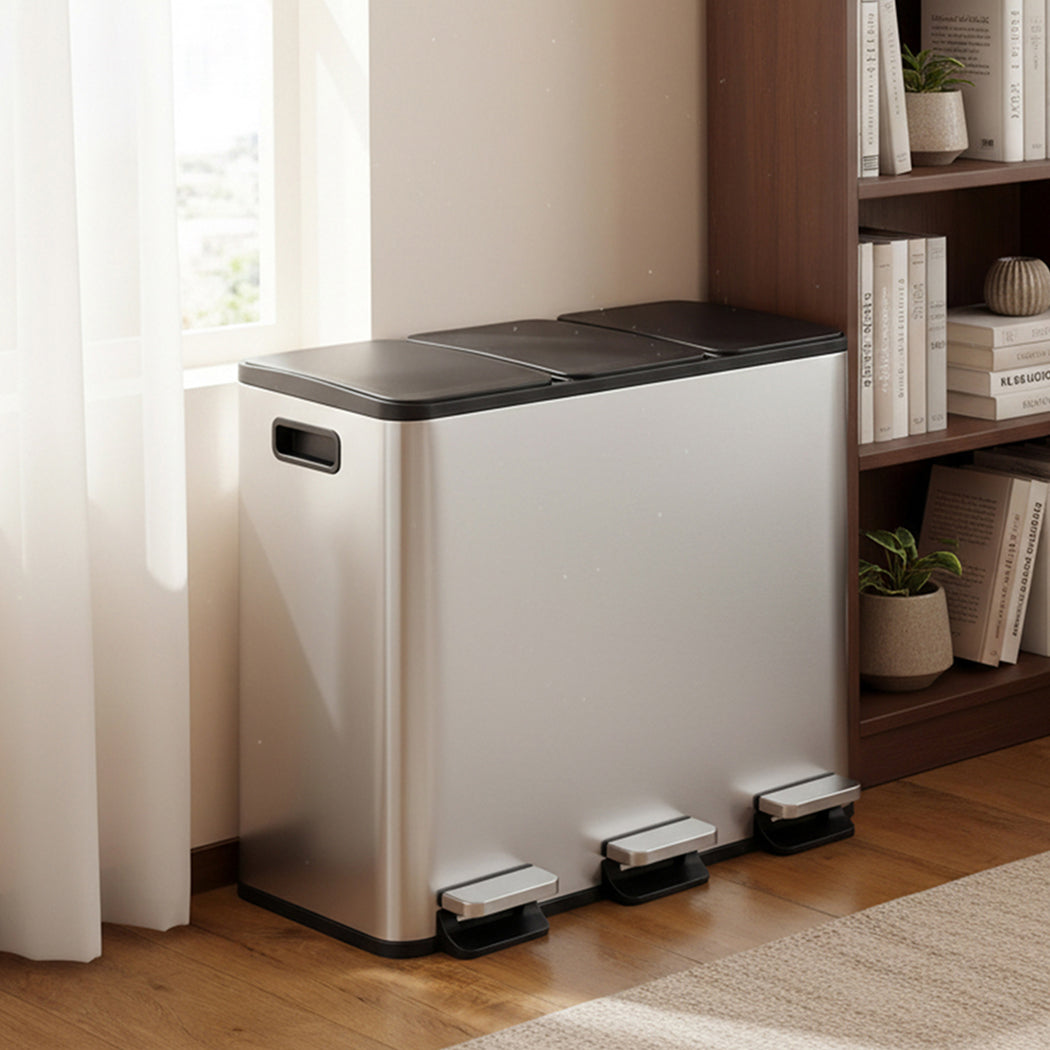 Toque Pedal Rubbish Bin Kitchen Trash Can Stainless Steel 3 x 18L Waterproof