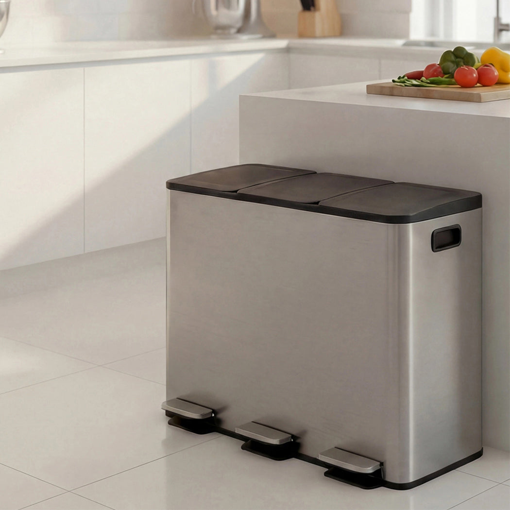 Toque Pedal Rubbish Bin Kitchen Trash Can Stainless Steel 3 x 18L Waterproof