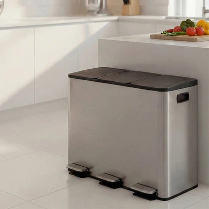 Toque Pedal Rubbish Bin Kitchen Trash Can Stainless Steel 3 x 18L Waterproof