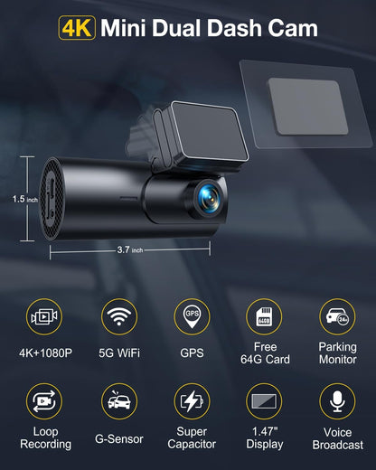 4K Dual Dash Cam with GPS & Wi-Fi