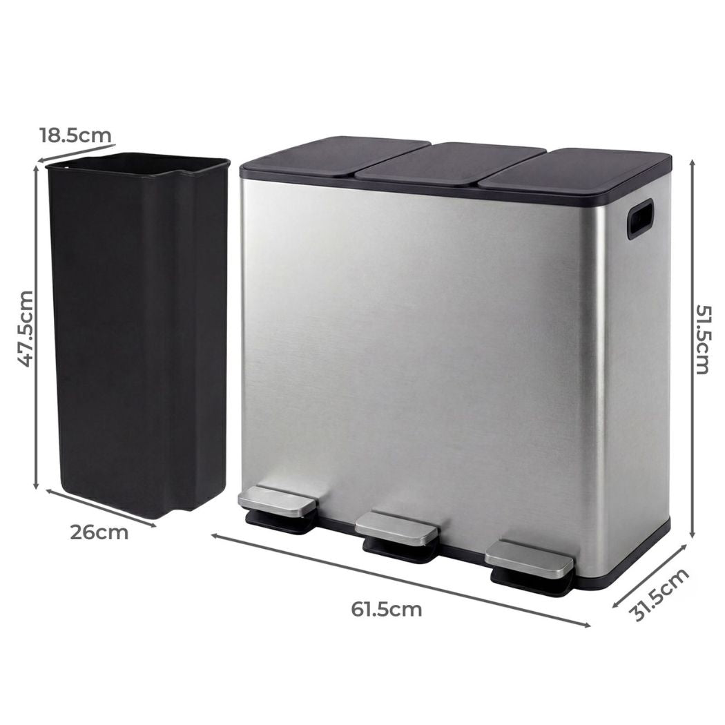 Toque Pedal Rubbish Bin Kitchen Trash Can Stainless Steel 3 x 18L Waterproof