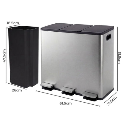 Toque Pedal Rubbish Bin Kitchen Trash Can Stainless Steel 3 x 18L Waterproof